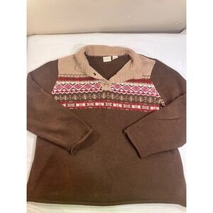Erika Woman‎ Brown Fair Isle Fleece Pullover Sweater Button Mock Neck 2X Plus Sz